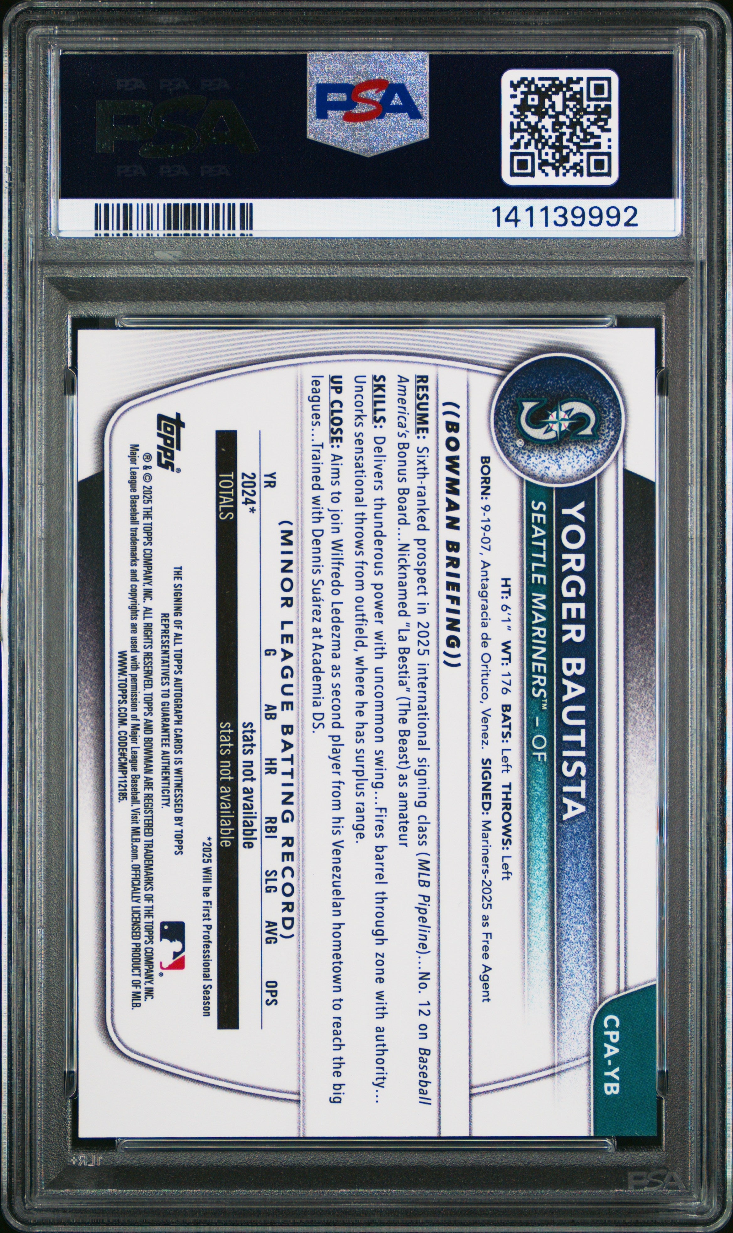 2025 Bowman Chrome Prospect Autographs Yorger Bautista Rookie #CPAYB PSA 9 MINT - Graded Sports Cards