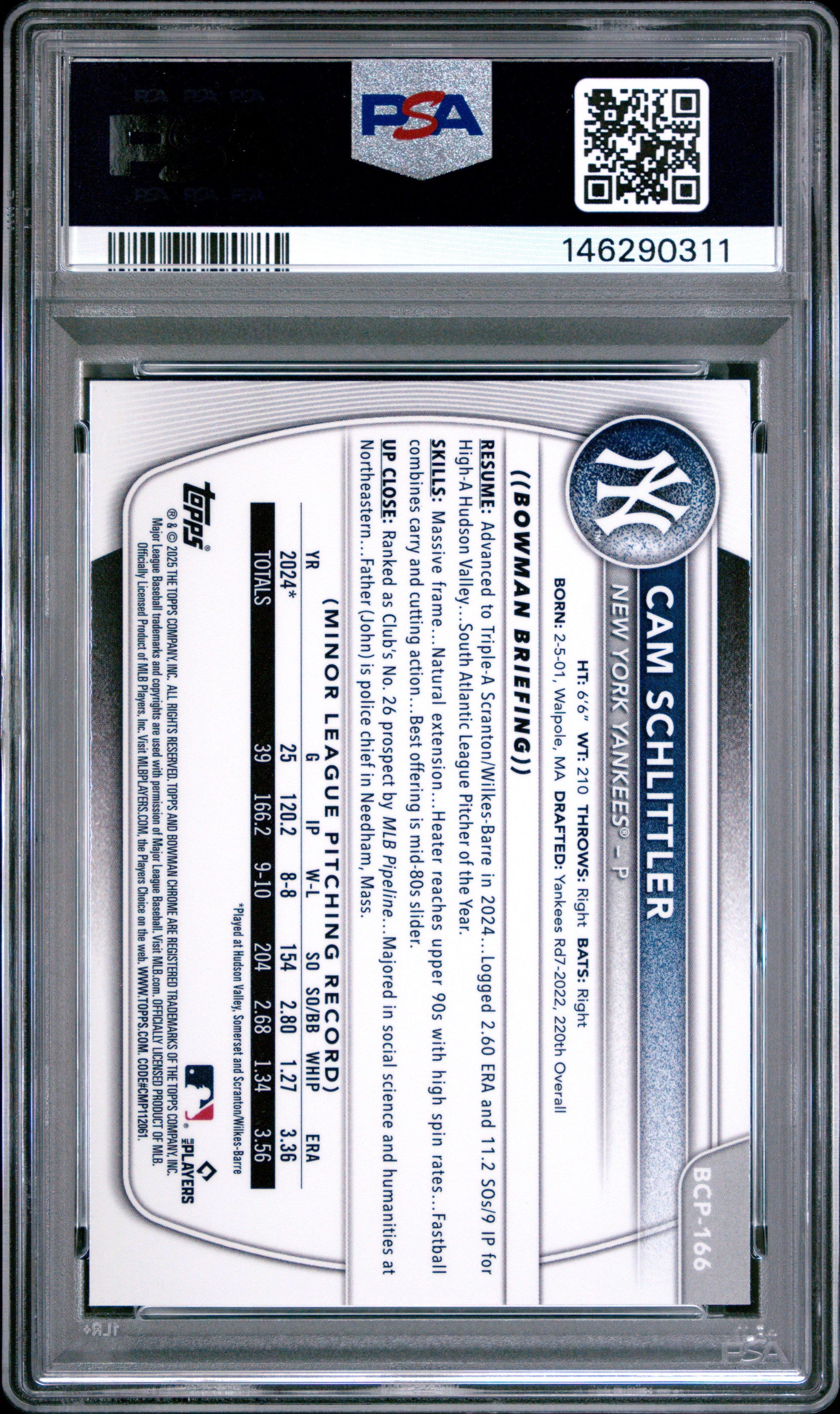 2025 Bowman Chrome Prospects Cam Schlittler Shimmer Ref PSA 9 MINT Yankees - Graded Sports Cards