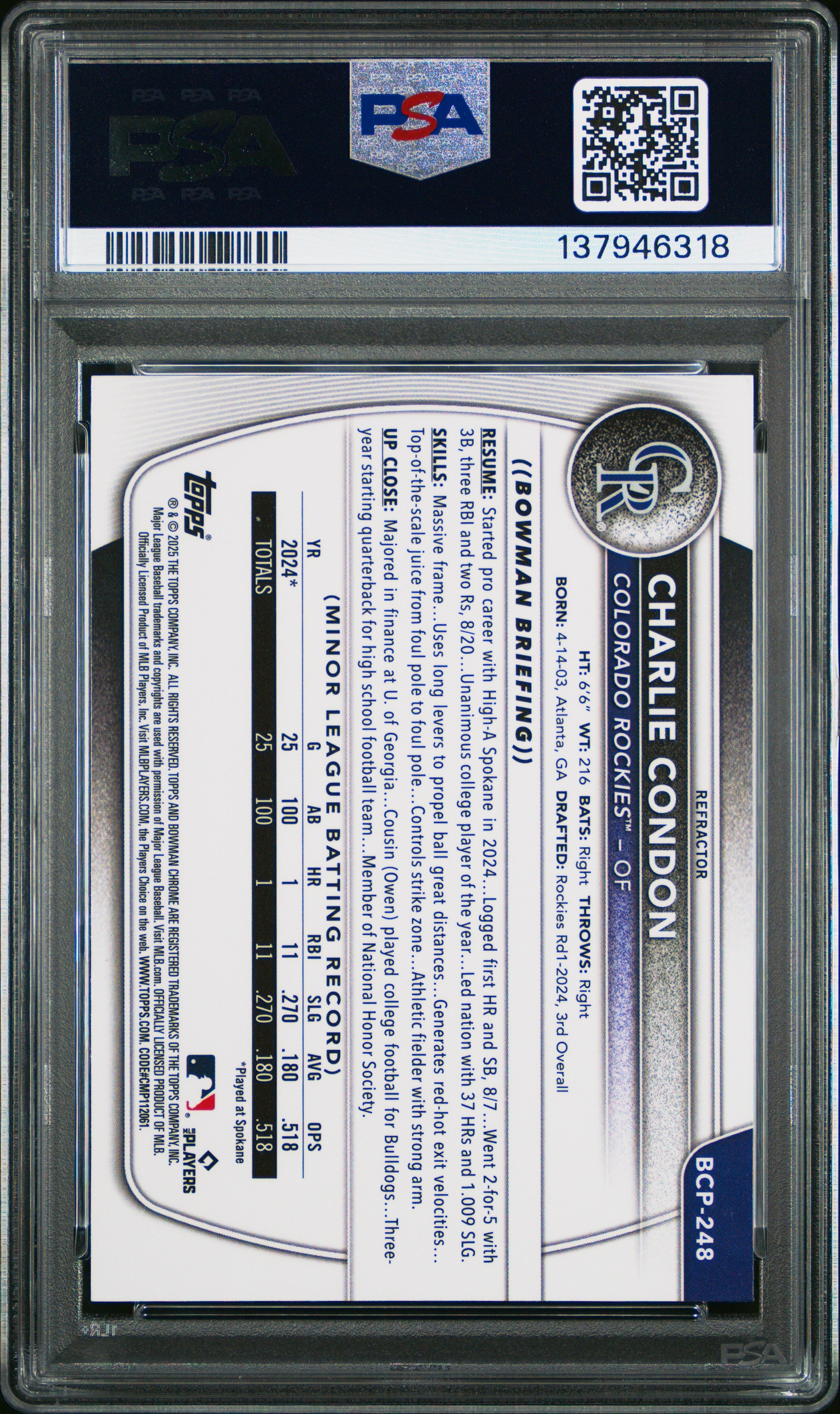 2025 Bowman Chrome Prospects Charlie Condon Refractor /499 #BCP248 PSA 10 GEM - Graded Sports Cards