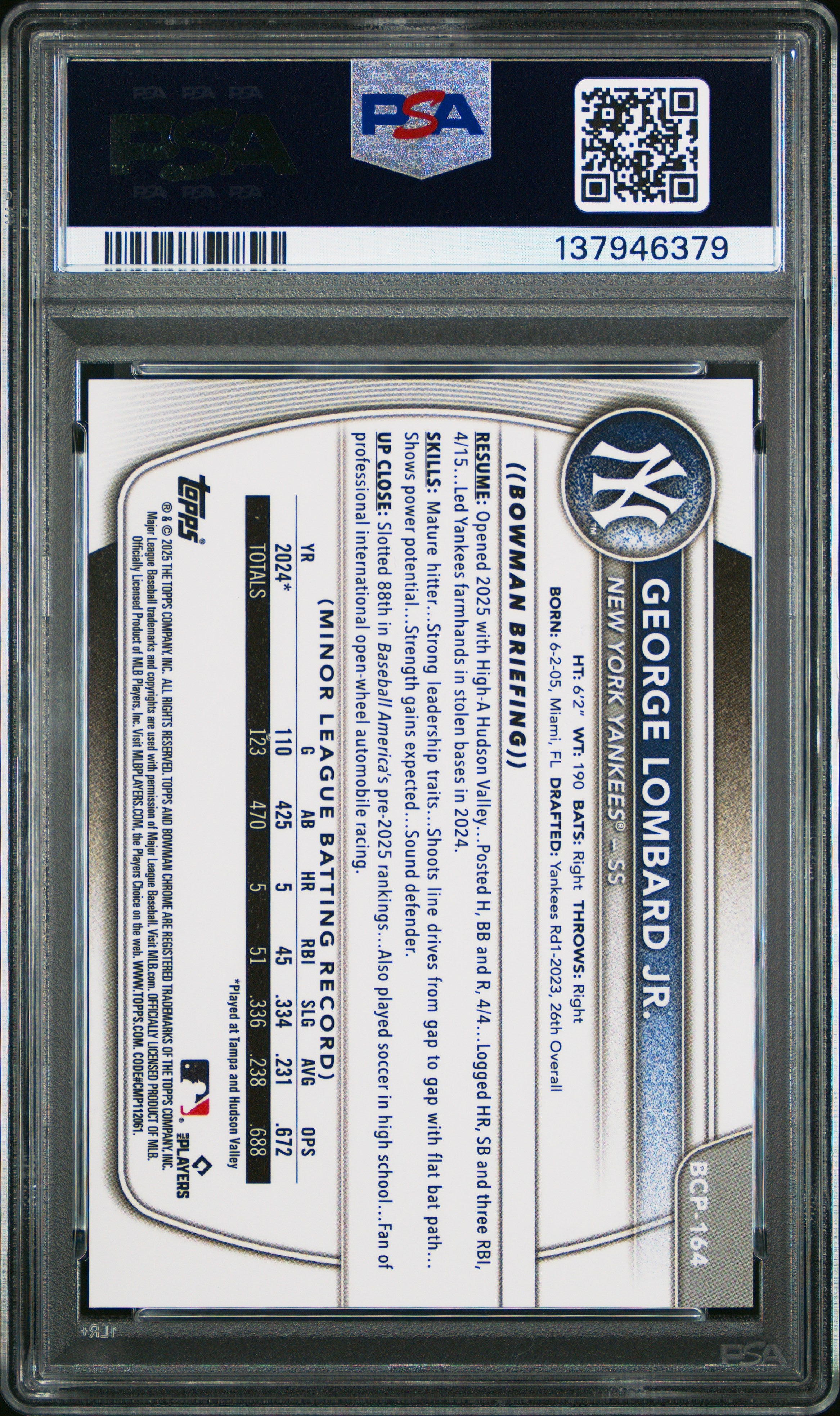 2025 Bowman Chrome Prospects George Lombard JR. Gold Shimmer 12/50 PSA 10 GEM - Graded Sports Cards