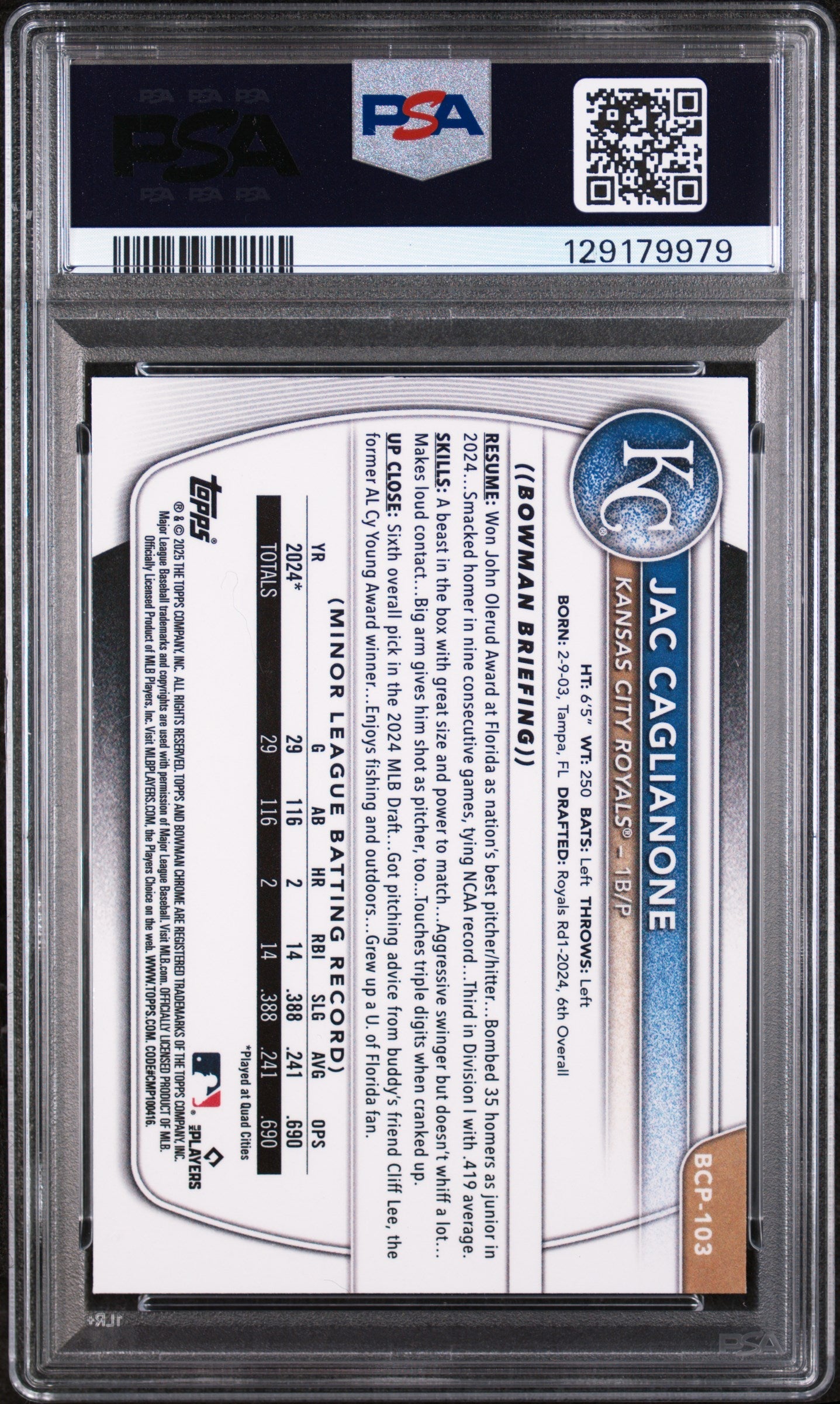 2025 Bowman Chrome Prospects Jac Caglianone Fuchsia Ref 046/199 #BCP103 PSA 9 - Graded Sports Cards