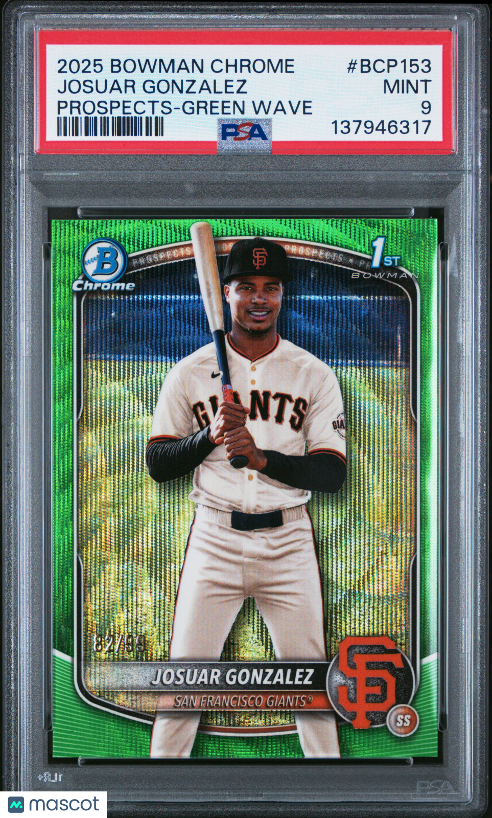 2025 Bowman Chrome Prospects Josuar Gonzalez Green Wave Rookie 82/99 PSA 9 MINT - Graded Sports Cards