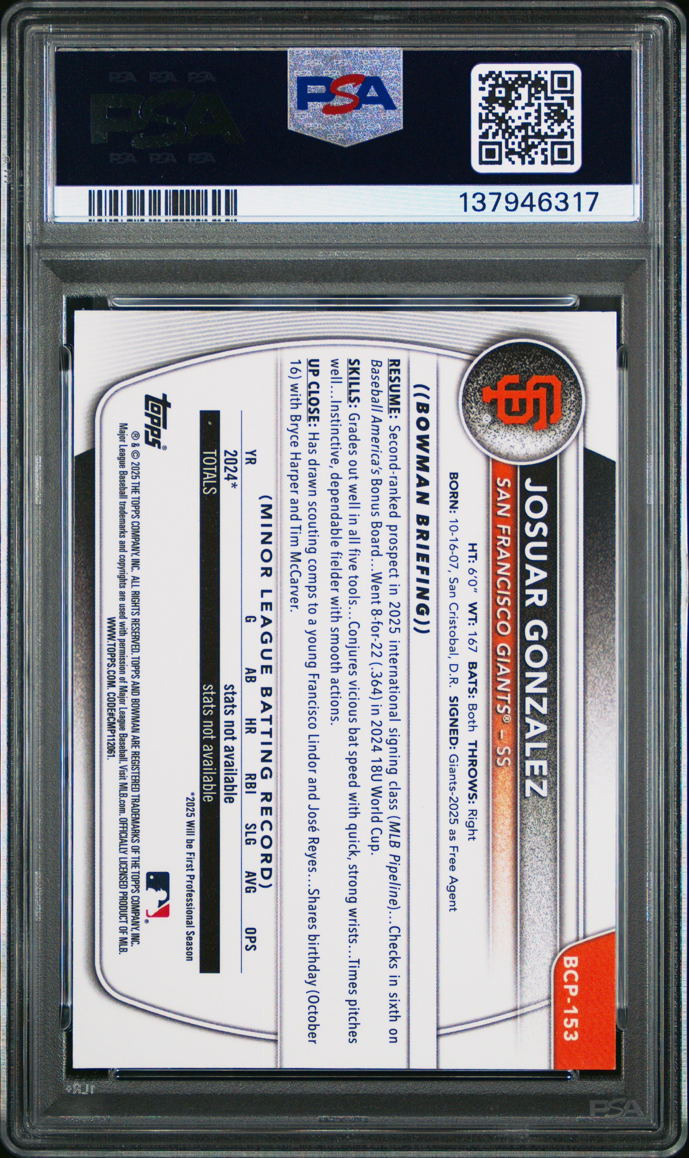 2025 Bowman Chrome Prospects Josuar Gonzalez Green Wave Rookie 82/99 PSA 9 MINT - Graded Sports Cards