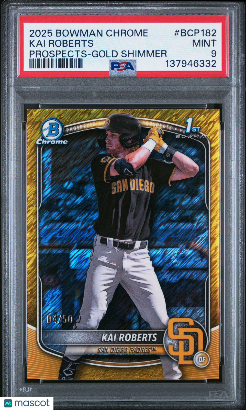 2025 Bowman Chrome Prospects Kai Roberts Gold Shimmer Rookie 04/50 PSA 9 MINT - Graded Sports Cards