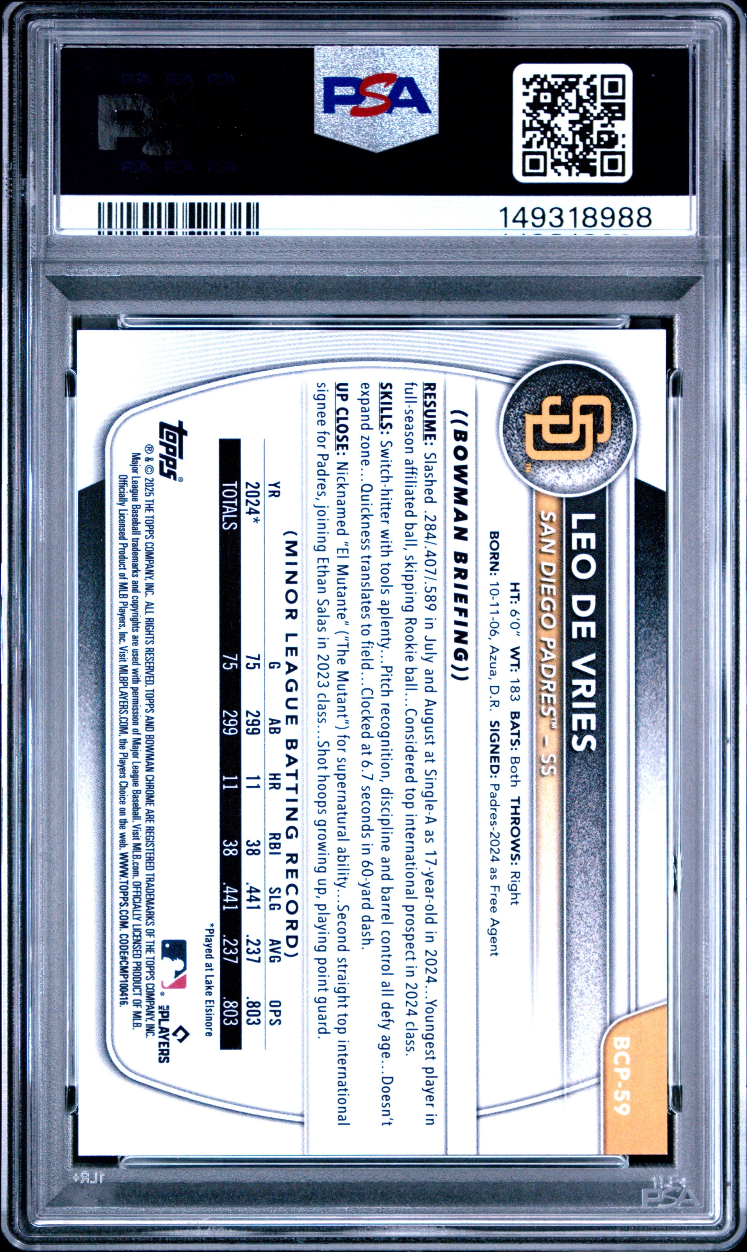 2025 Bowman Chrome Prospects Leo De Vries Sunflower Seeds PSA 10 GEM MINT - Graded Sports Cards