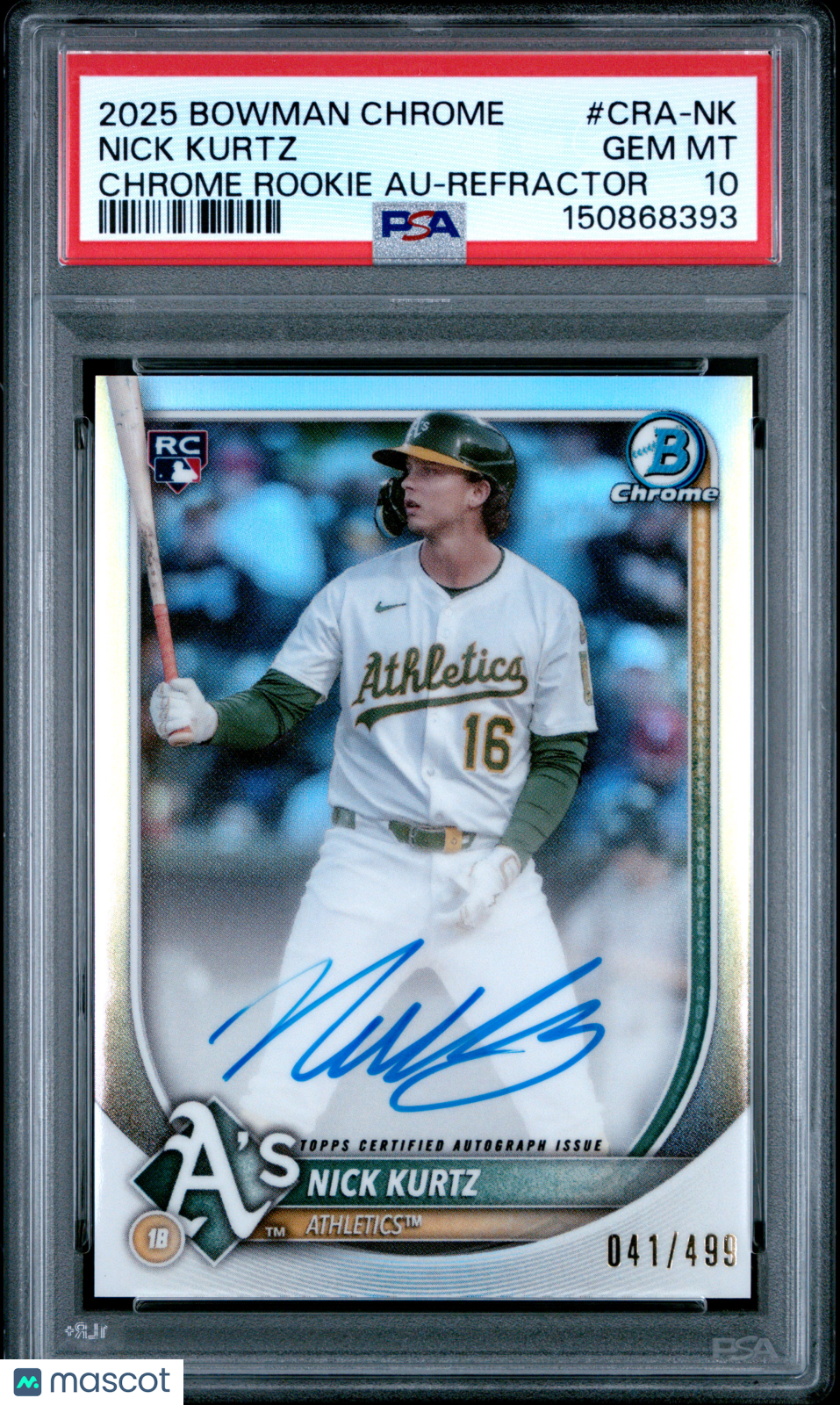 2025 Bowman Chrome Chrome Rookie Autographs Nick Kurtz Refractor 041/499 #CRA-NK PSA 10 - Graded Sports Cards