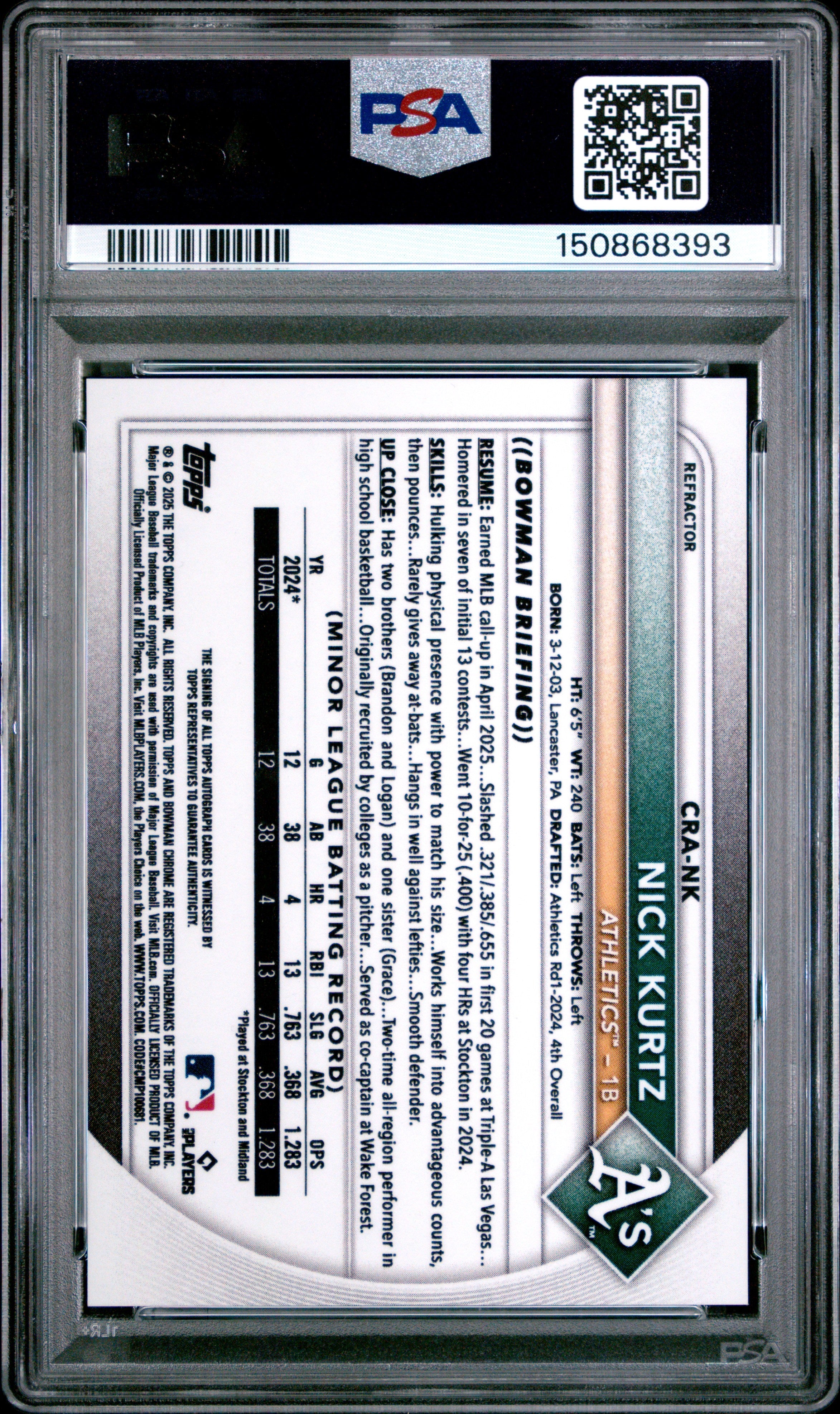 2025 Bowman Chrome Chrome Rookie Autographs Nick Kurtz Refractor 041/499 #CRA-NK PSA 10 - Graded Sports Cards