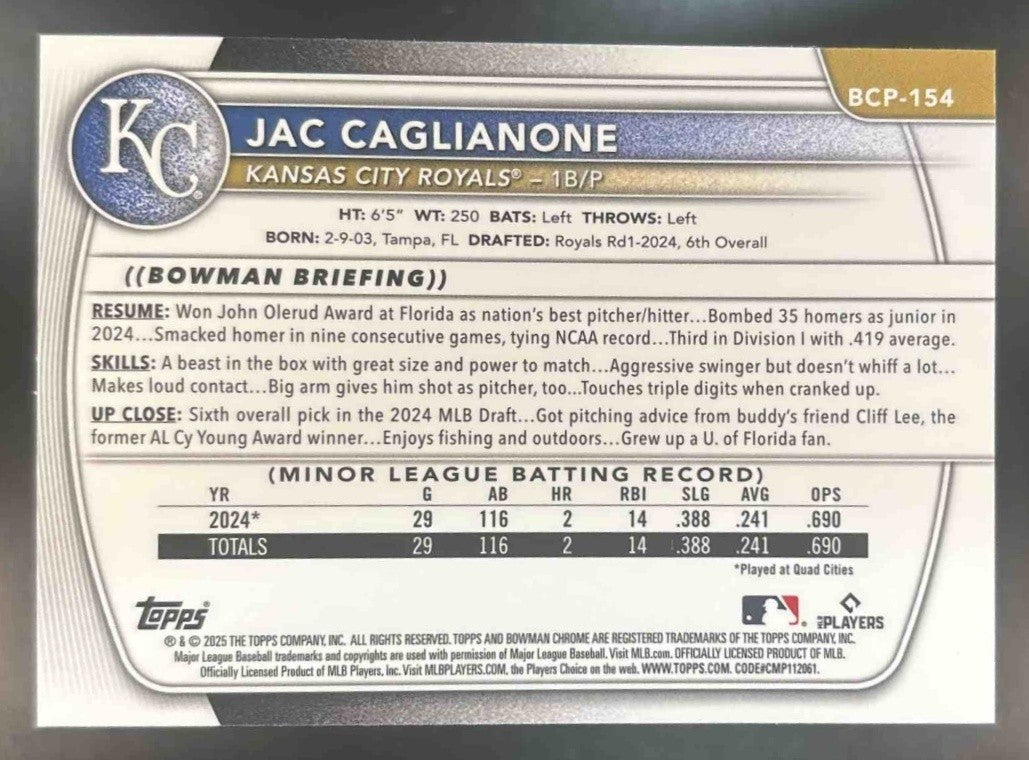 2025 Bowman Chrome Sapphire Jac Caglianone Prospects #BCP-154 Kansas City Royals - Sports Cards