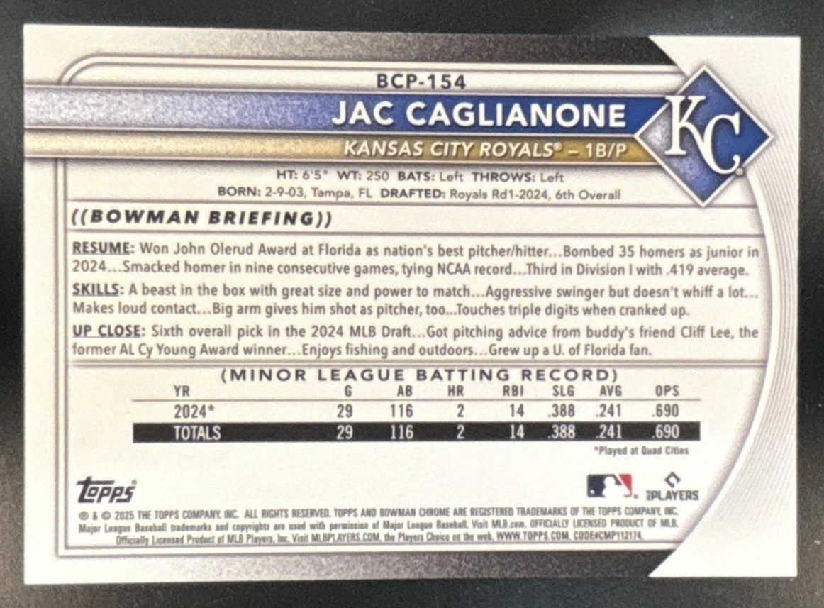 2025 Bowman Chrome Sapphire Jac Caglianone Prospects Image Variation #BCP-154 - Sports Cards
