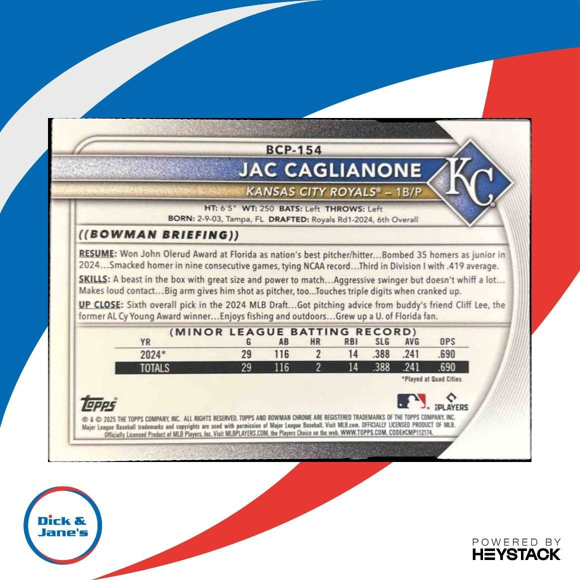 2025 Bowman Chrome Sapphire Jac Caglianone Prospects Image Variation #BCP-154 - Sports Cards