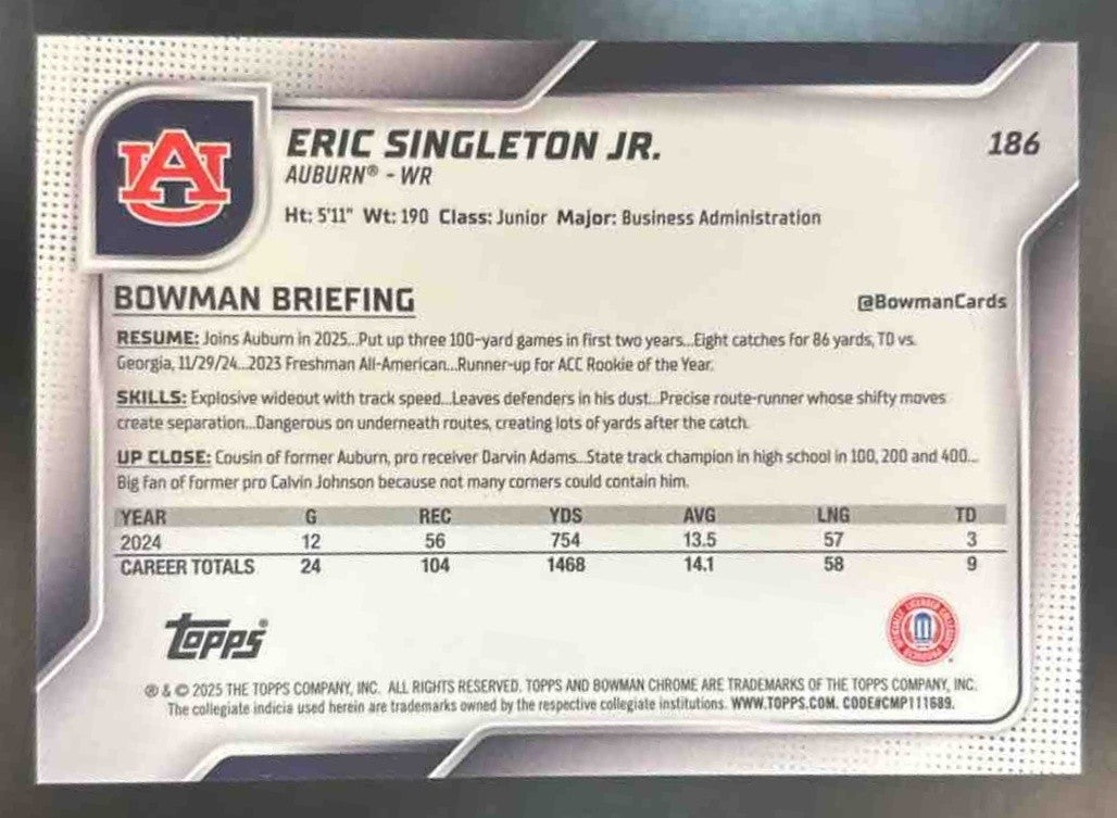 2025 Bowman Chrome University Eric Singleton Jr. Prospects White /15 #186 Tigers - Sports Cards