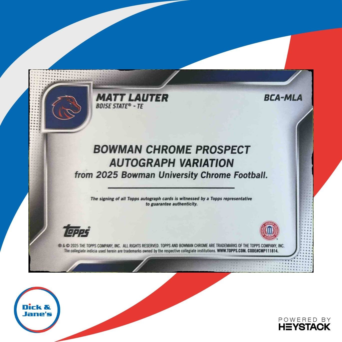 2025 Bowman Chrome University Matt Lauter Prospect Auto Boise State Broncos - Sports Cards