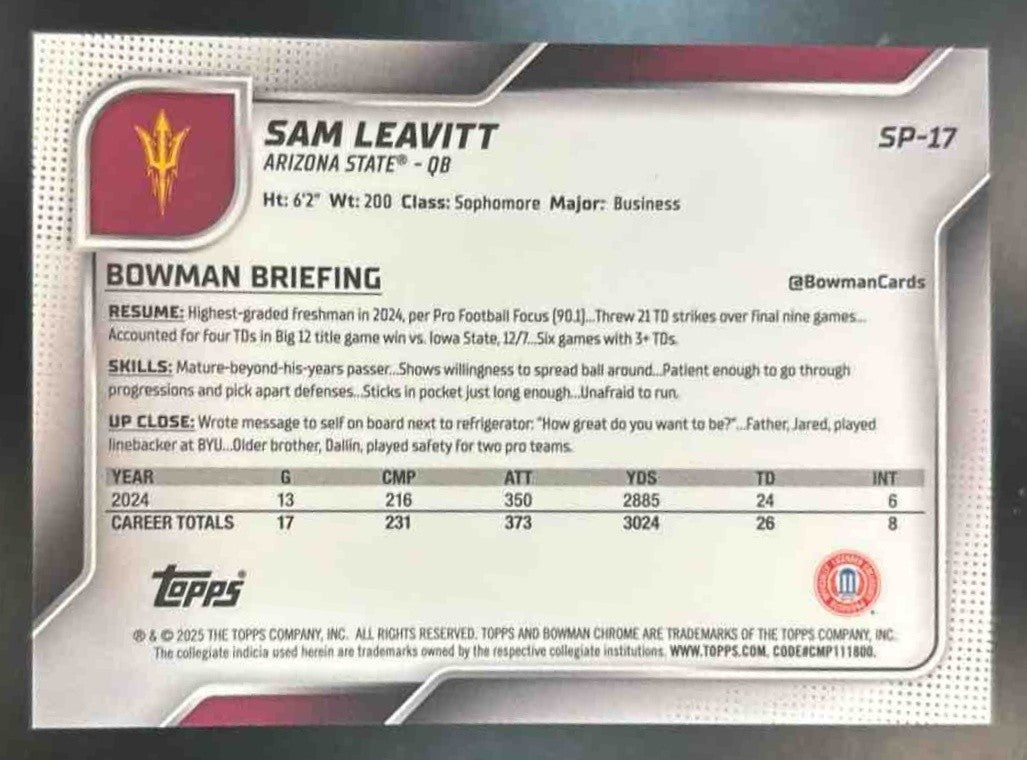 2025 Bowman Chrome University Sam Leavitt Prospect Short Print Image Variation - Sports Cards