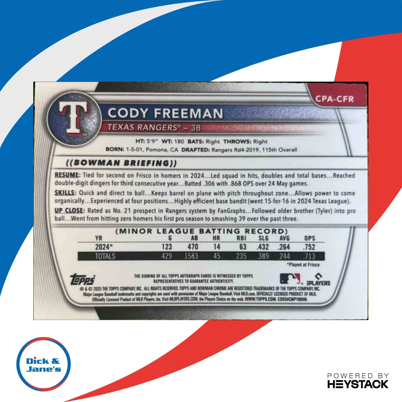 2025 Bowman Cody Freeman Chrome Auto #CPA-CFR 1st Prospect Texas Rangers - Sports Cards