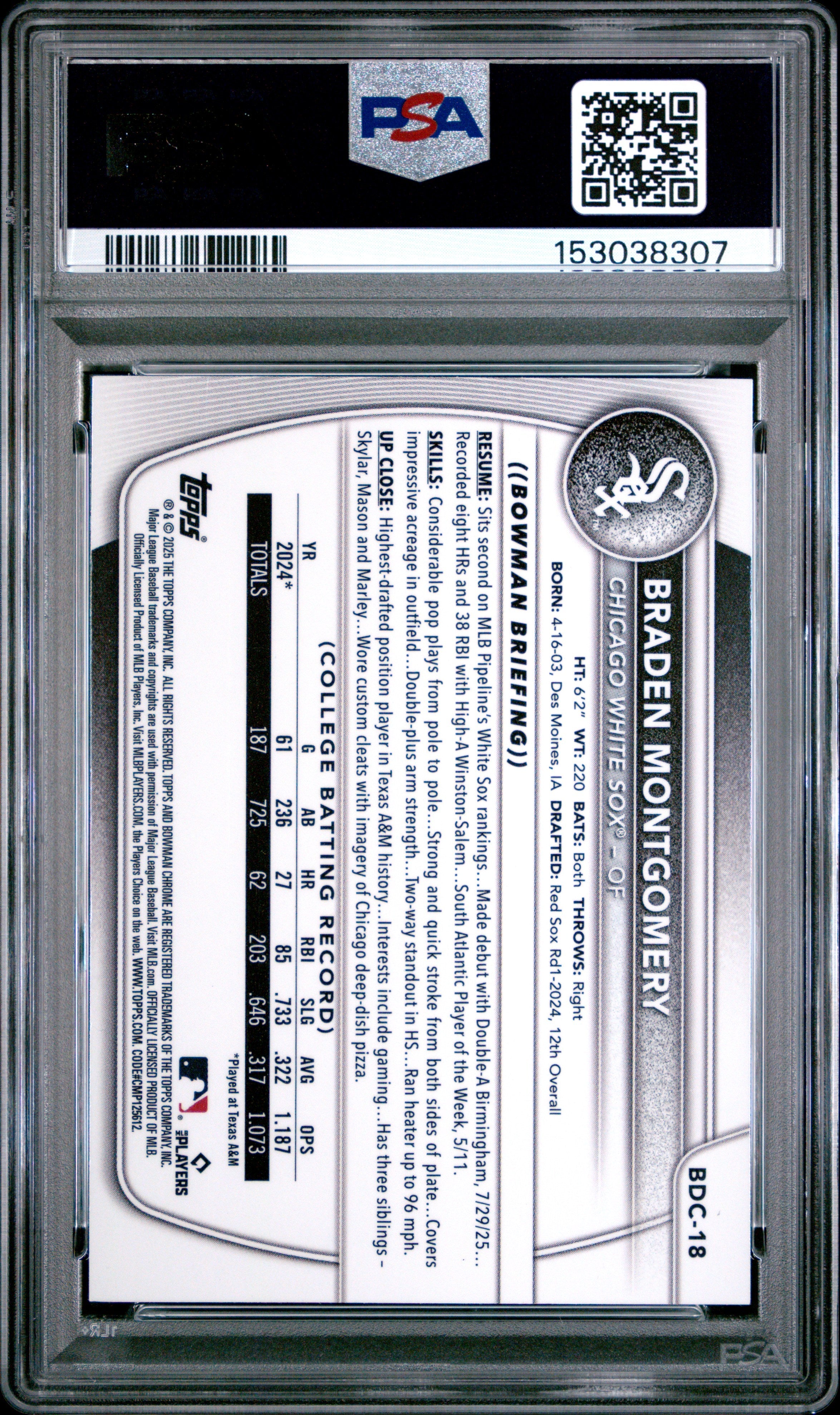 2025 Bowman Draft Braden Montgomery Chrome Steel Metal 061/100 #BDC-18 PSA 10 - Graded Sports Cards