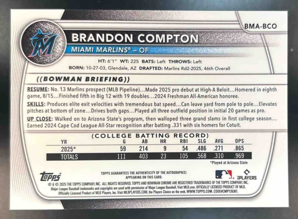 2025 Bowman Draft Brandon Compton Chrome Auto Mojo 1st Prospect Miami Marlins - Sports Cards