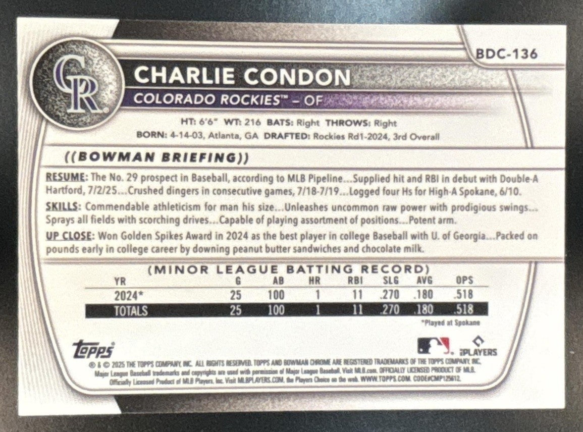 2025 Bowman Draft Charlie Condon Chrome Green Geometric /99 #BDC-136 Rockies - Sports Cards