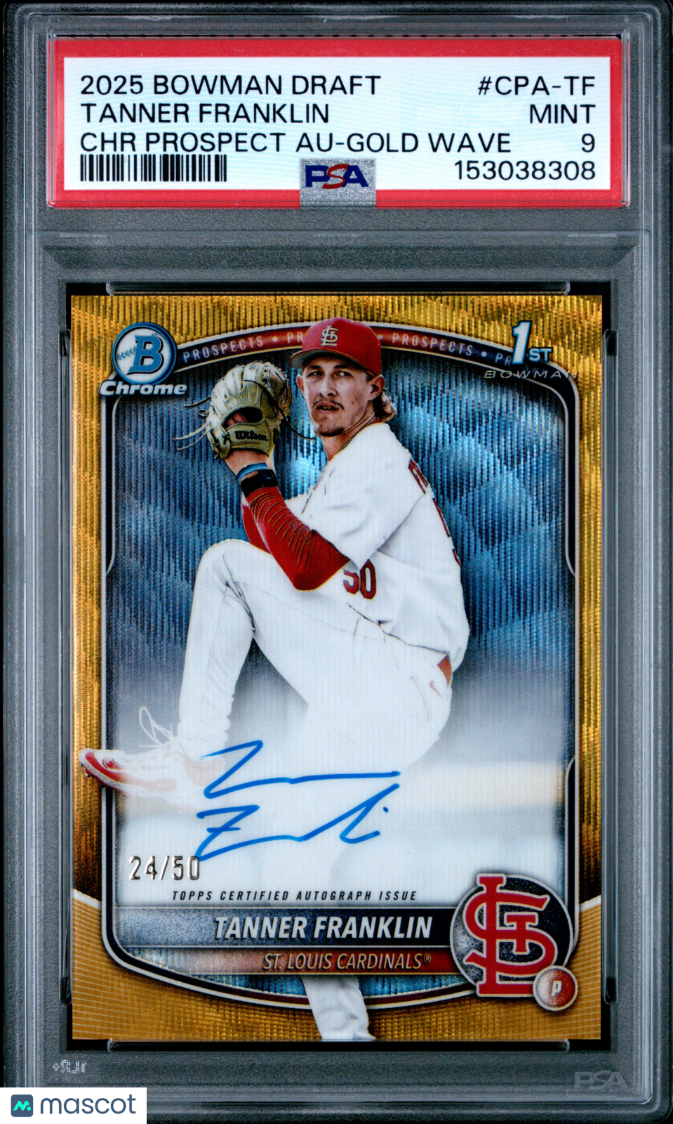 2025 Bowman Draft Chrome Prospect Auto Tanner Franklin Gold Wave 24/50 PSA 9 - Graded Sports Cards