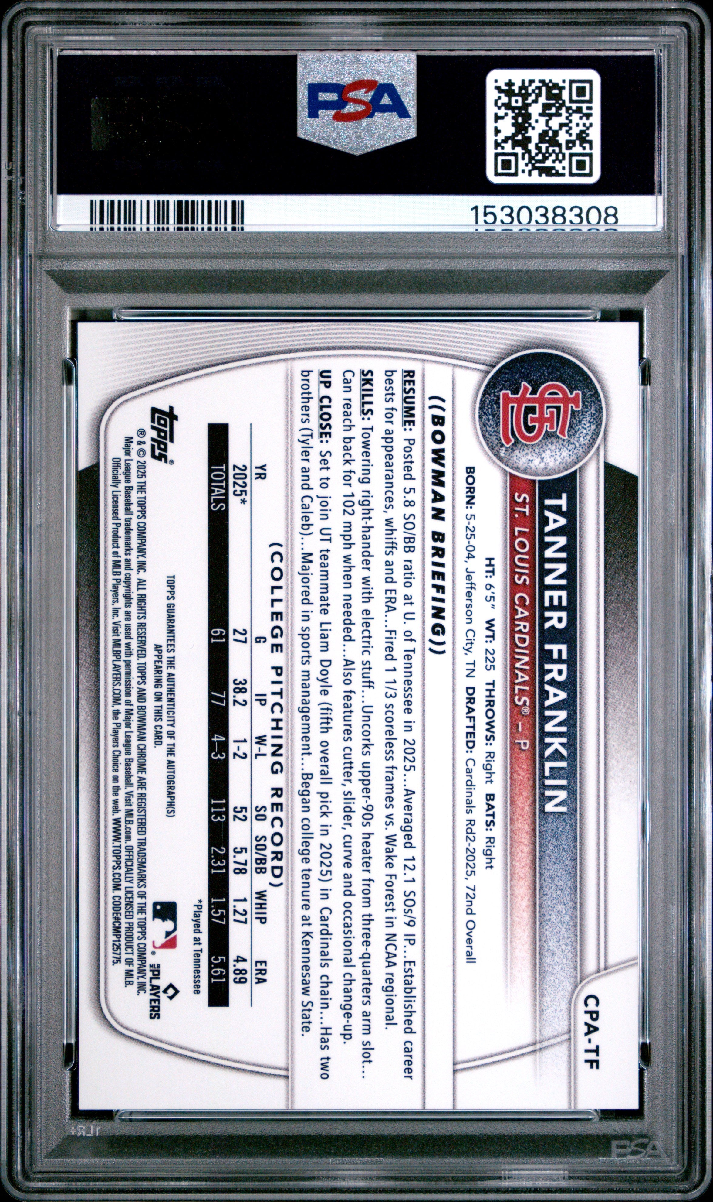 2025 Bowman Draft Chrome Prospect Auto Tanner Franklin Gold Wave 24/50 PSA 9 - Graded Sports Cards