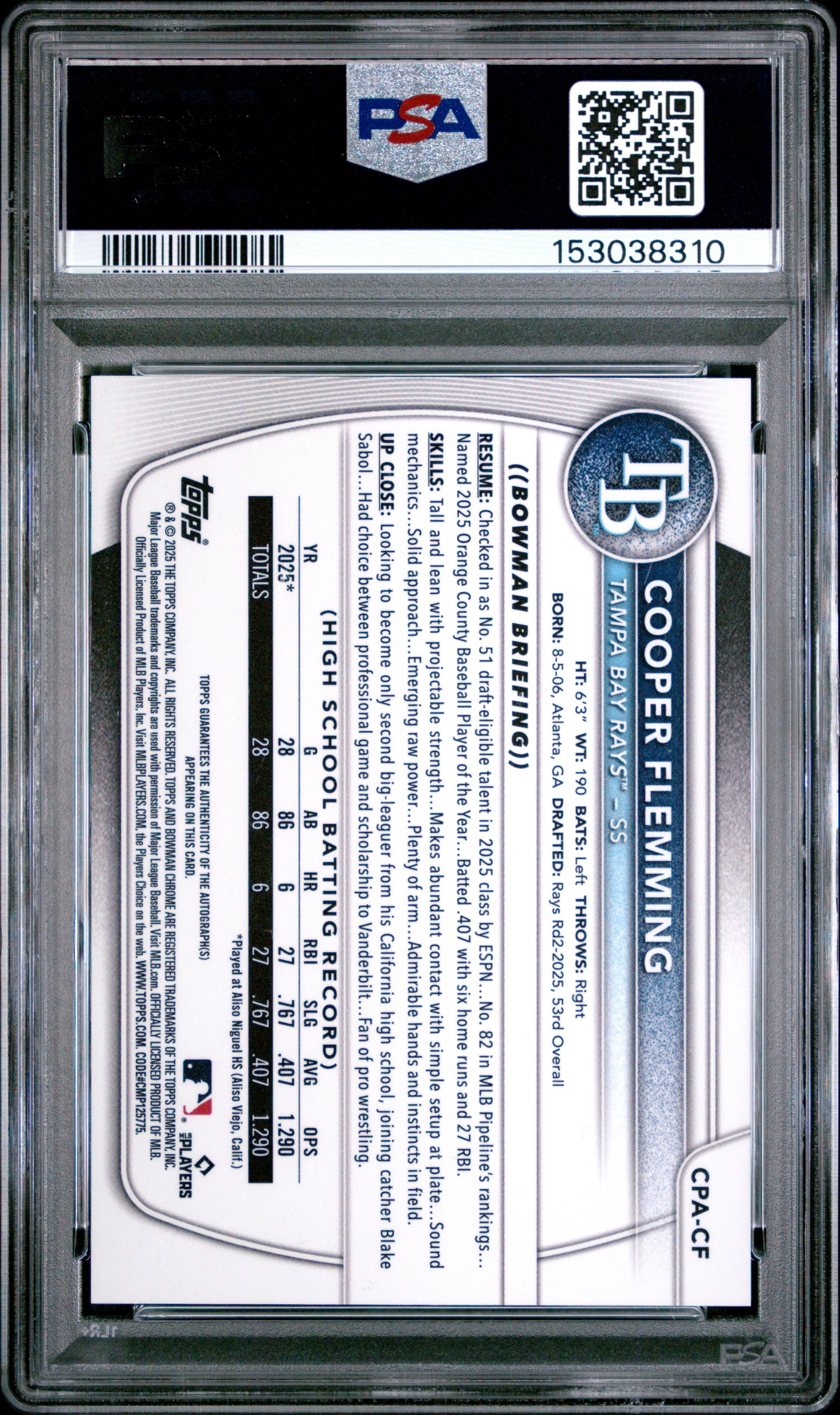 2025 Bowman Draft Chrome Prospect Autographs Cooper Flemming #CPA-CF PSA 10 - Graded Sports Cards