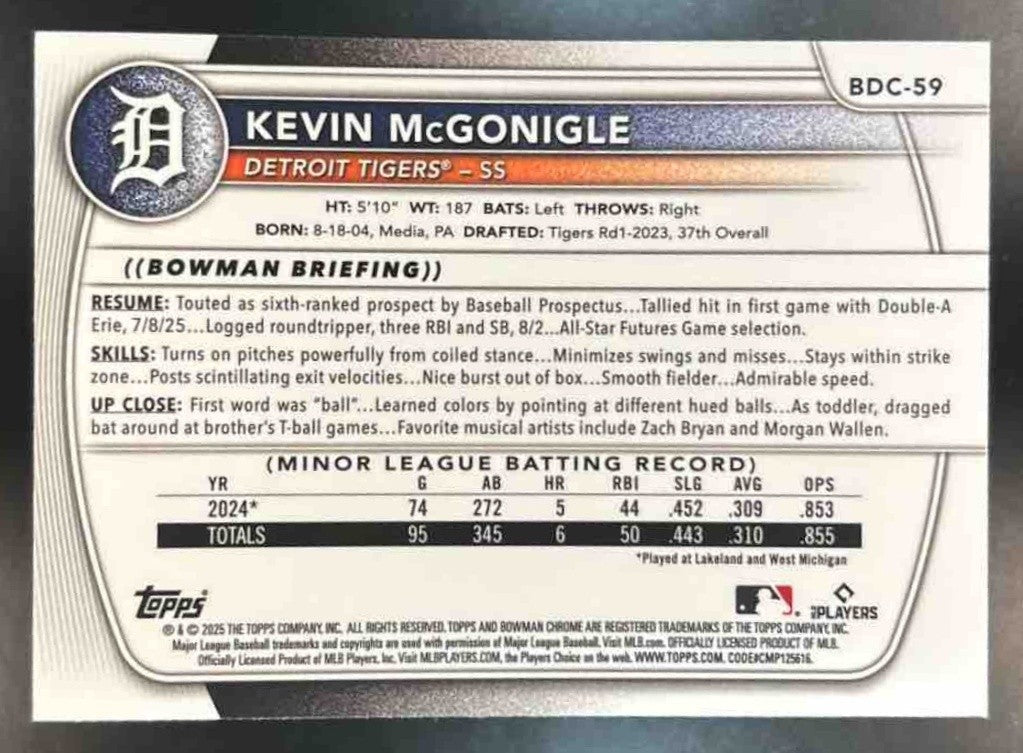 2025 Bowman Draft Kevin McGonigle Chrome Mojo Refractor #BDC-59 Detroit Tigers - Sports Cards