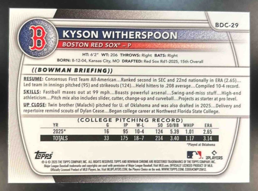 2025 Bowman Draft Kyson Witherspoon Chrome Green /99 #BDC29 1st Prospect Red Sox - Sports Cards