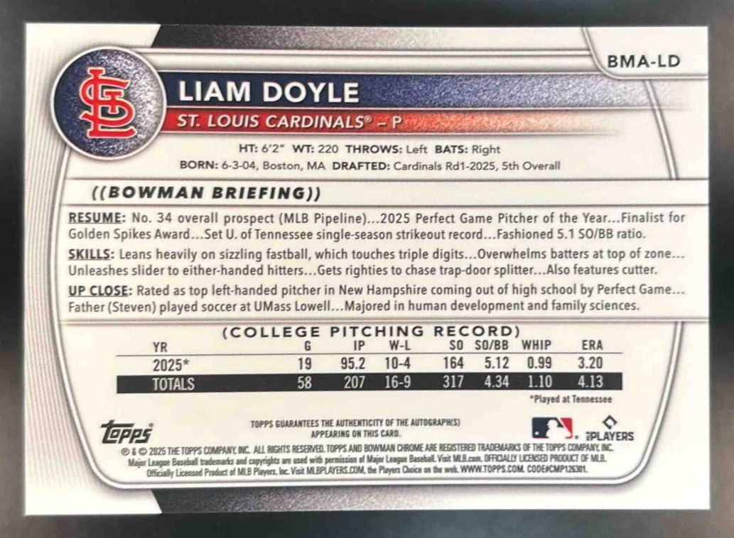 2025 Bowman Draft Liam Doyle Chrome Auto Mojo Refractor 1st Prospect Cardinals - Sports Cards