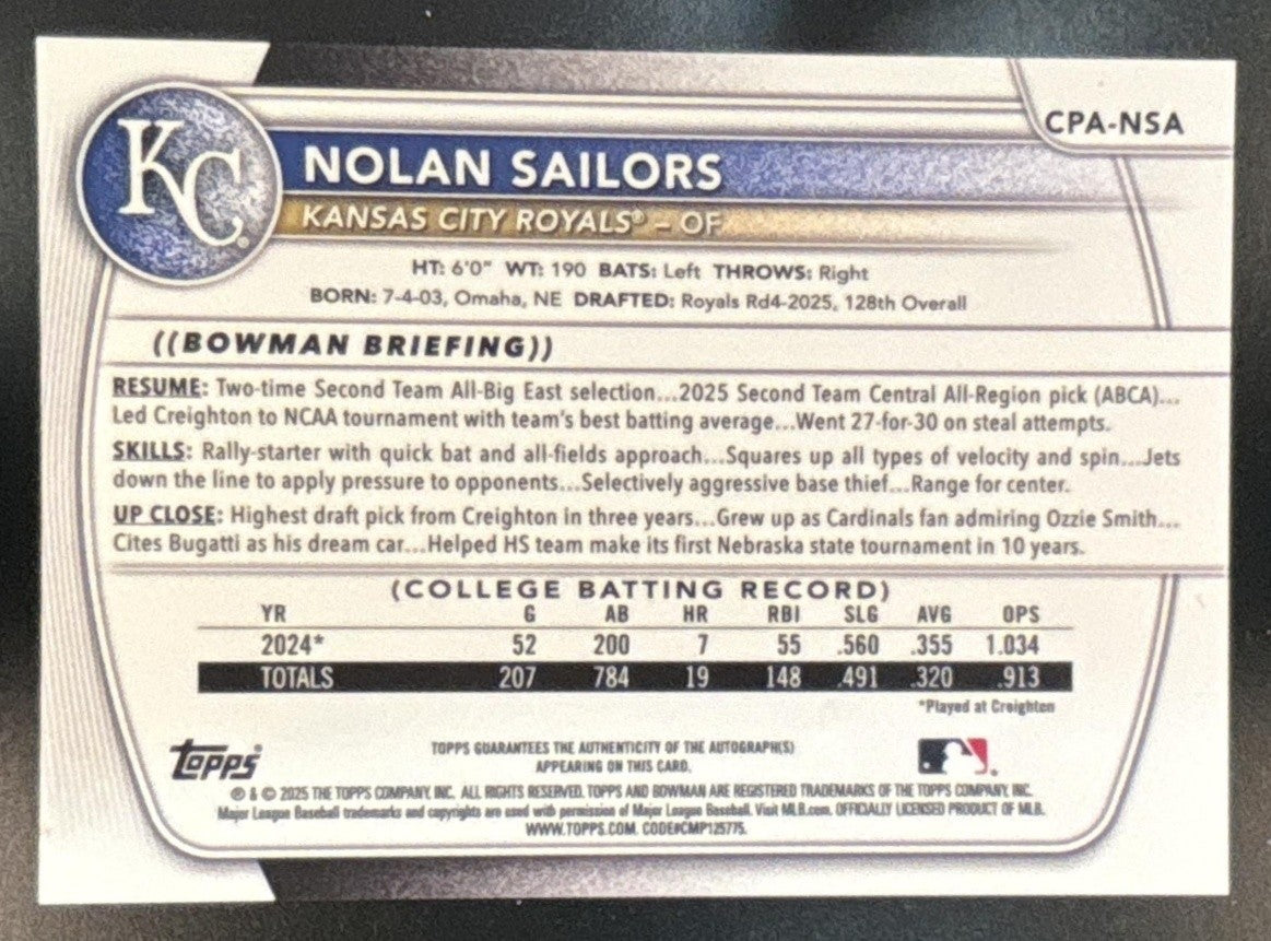 2025 Bowman Draft Nolan Sailors Chrome Auto Green Lava /99 1st Prospect Royals - Sports Cards
