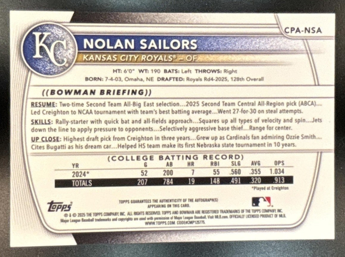 2025 Bowman Draft Nolan Sailors Chrome Auto Purple /250 #CPA-NSA 1st Prospect - Sports Cards