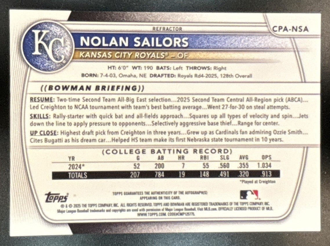 2025 Bowman Draft Nolan Sailors Chrome Auto Refractor /499 #CPA-NSA 1st Prospect - Sports Cards