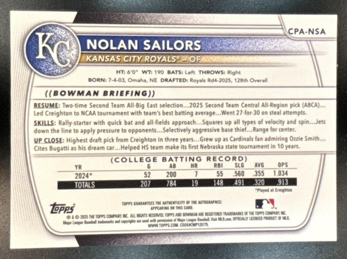 2025 Bowman Draft Nolan Sailors Chrome Auto Yellow /75 #CPA-NSA 1st Prospect - Sports Cards