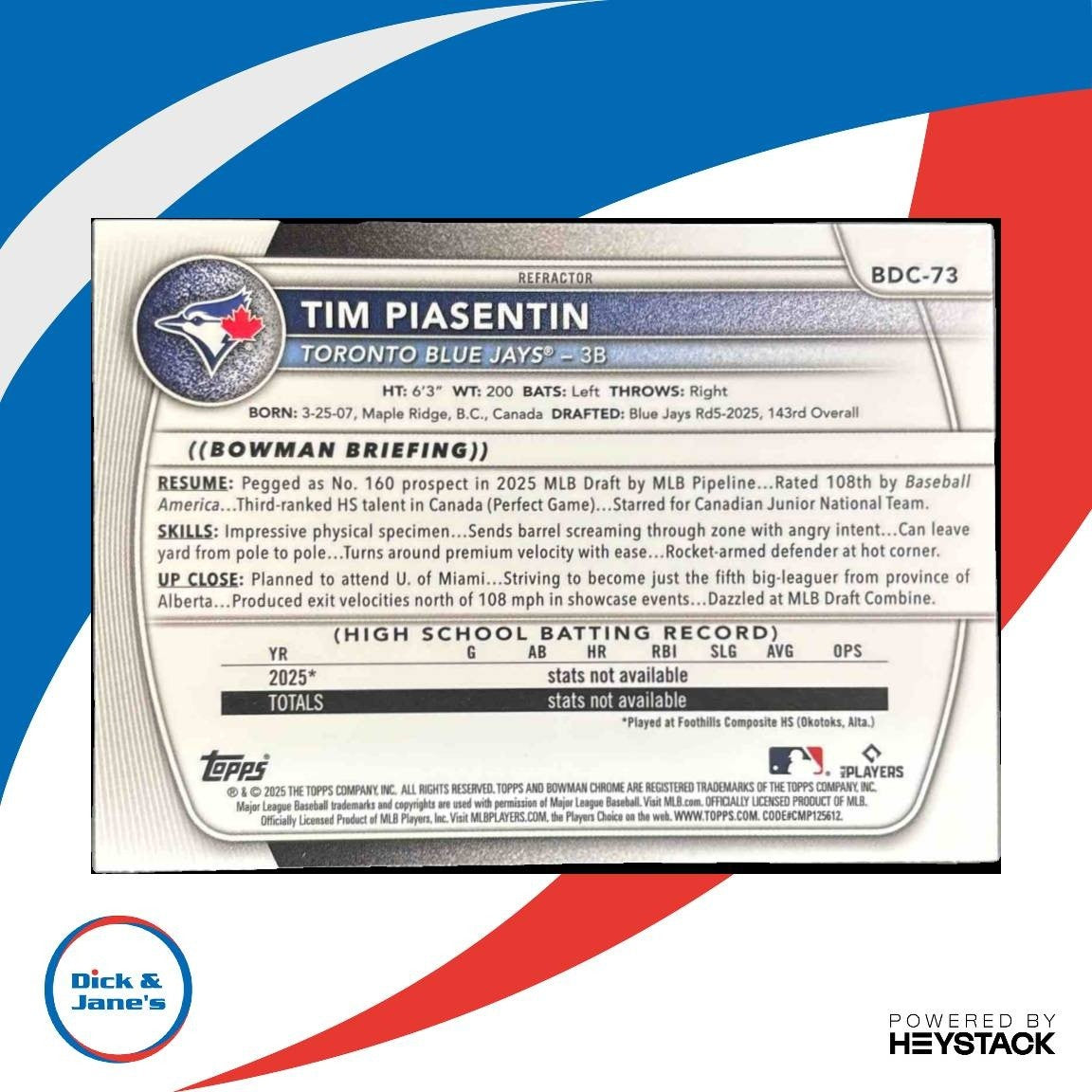 2025 Bowman Draft Tim Piasentin Chrome Refractor #BDC-73 1st Prospect Blue Jays - Sports Cards