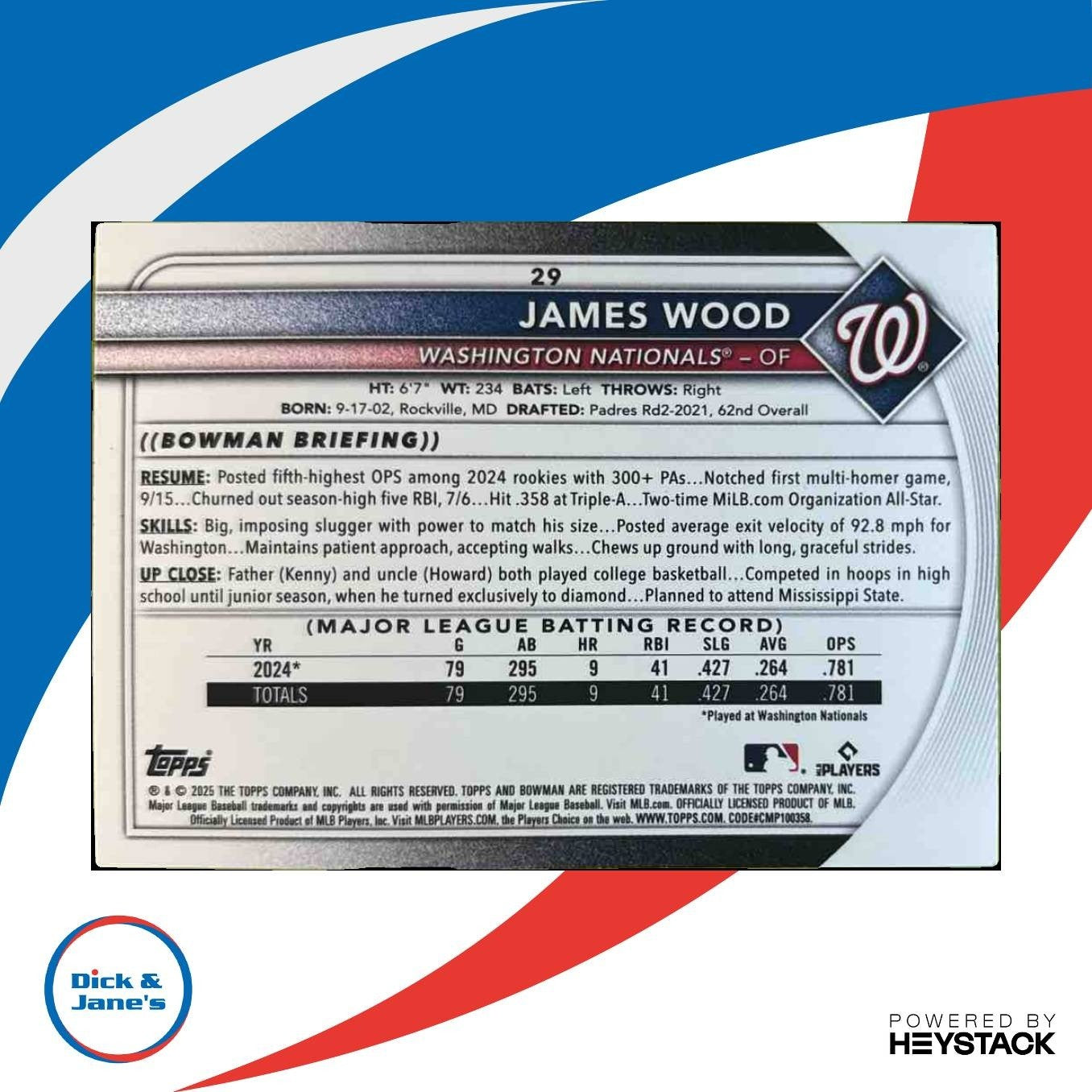 2025 Bowman James Wood Green Border 64/99 #29 RC Washington Nationals - Sports Cards