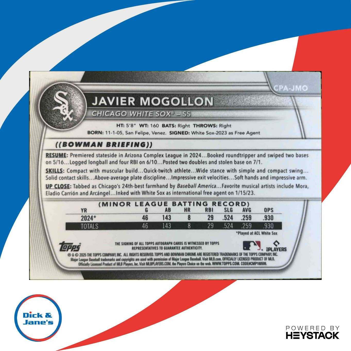 2025 Bowman Javier Mogollon Chrome Auto Reptilian Orange Refractor /25 White Sox - Sports Cards