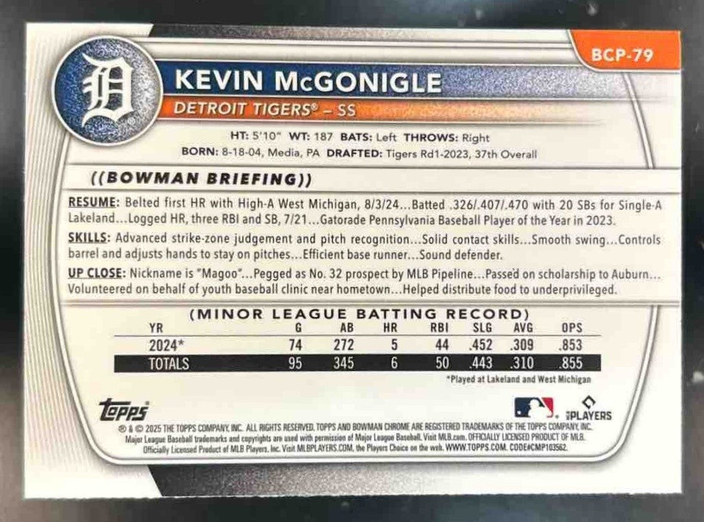 2025 Bowman Kevin McGonigle Chrome Mega Box Refractor #BCP-79 1st Prospect Tiger - Sports Cards