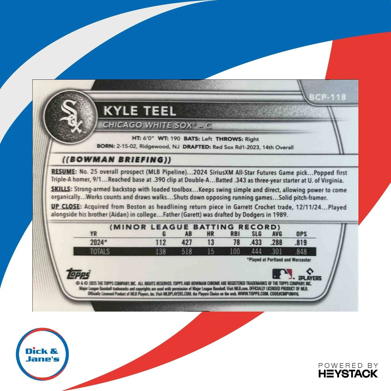 2025 Bowman Kyle Teel Chrome Prospects Fuchsia Wave Refractor /199 #BCP-118 Sox - Sports Cards