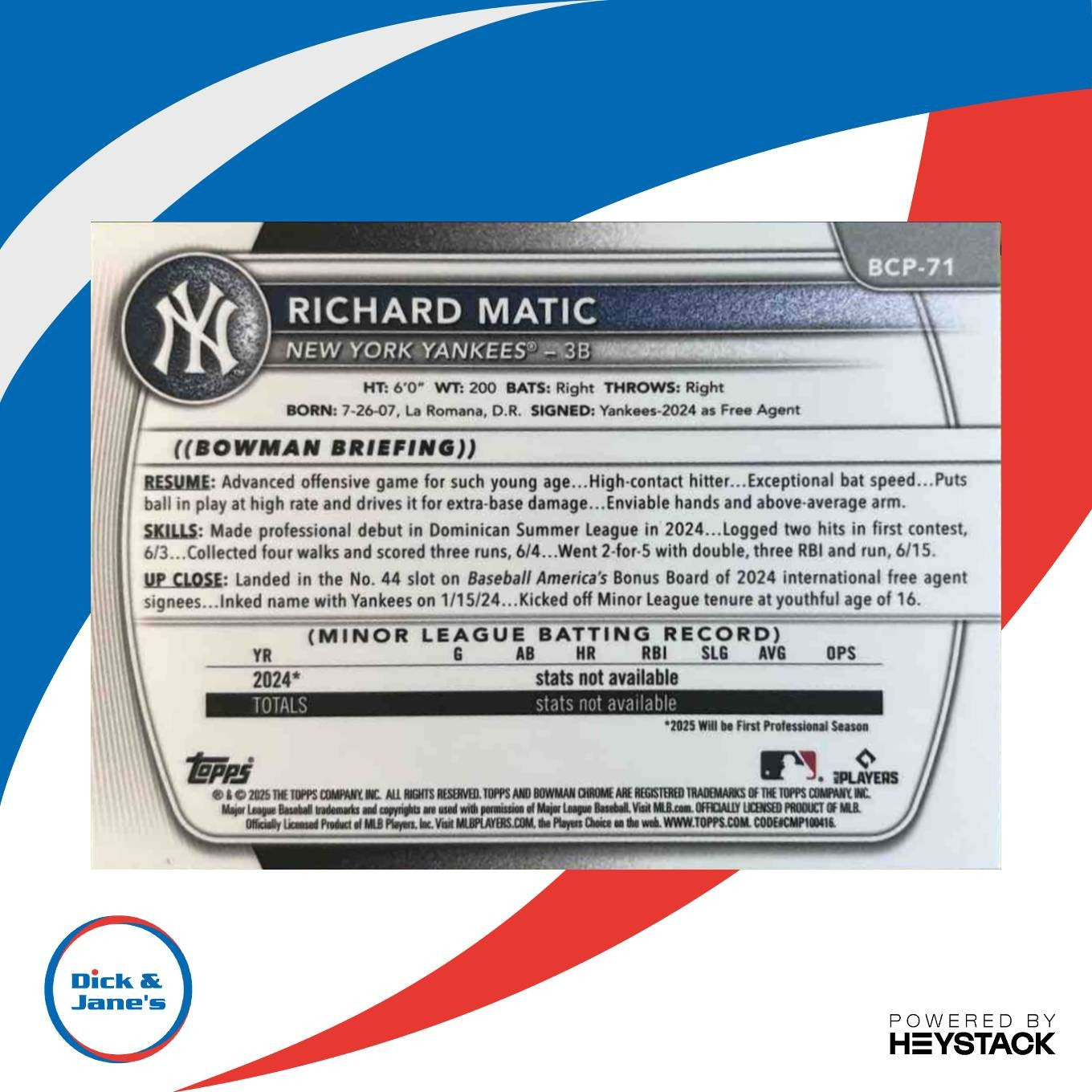 2025 Bowman Richard Matic Chrome Gold Geometric /50 #BCP-71 1st Prospect Yankees - Sports Cards