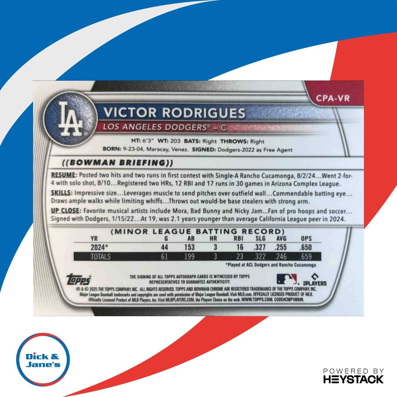 2025 Bowman Victor Rodrigues Chrome Auto Speckle /299 1st Prospect Dodgers - Sports Cards