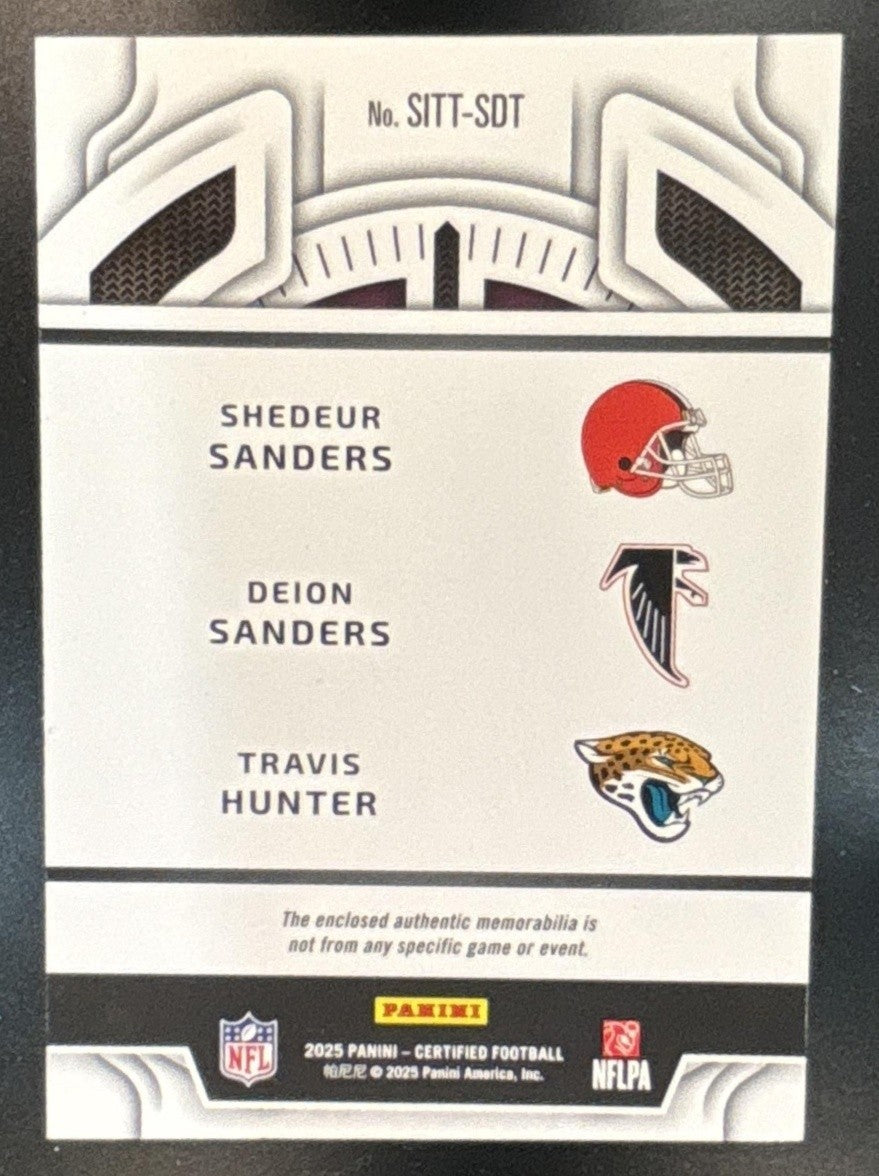 2025 Certified Shedeur Sanders Deion Travis Hunter Stitches N Time TRI Patch /20 - Sports Cards