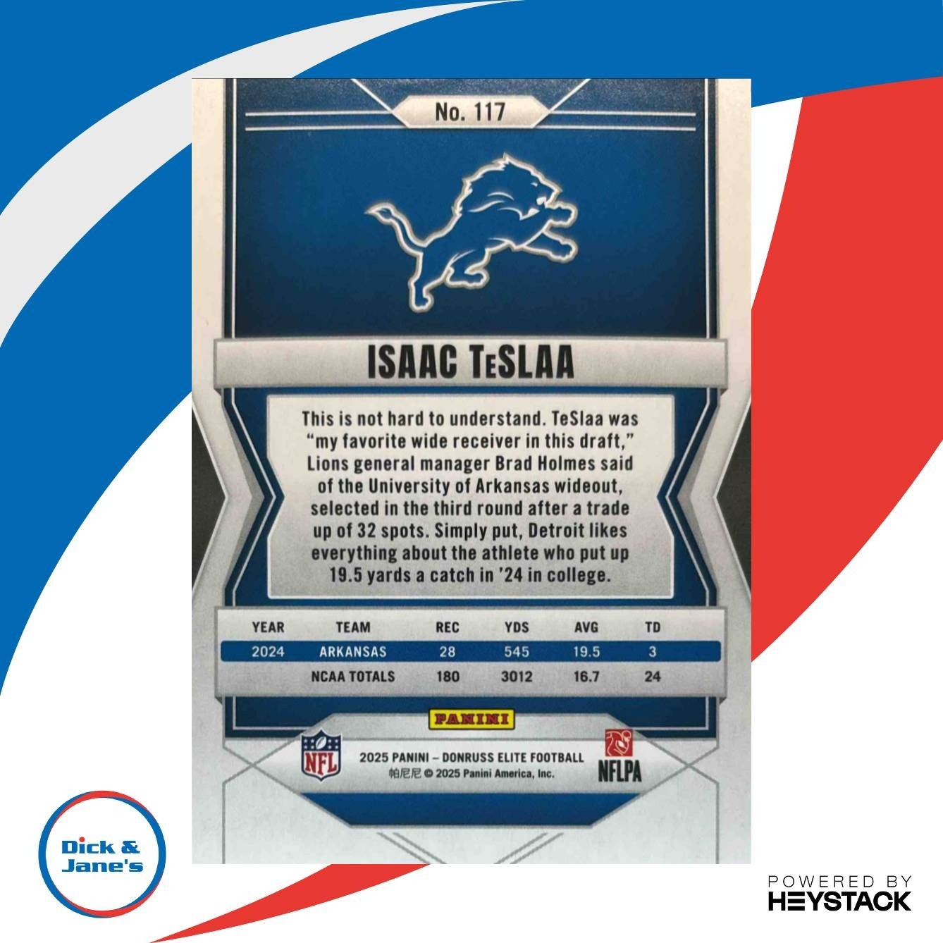 2025 Donruss Elite Isaac TeSlaa Rookies Aspirations Shimmer /999 #117 Lions - Sports Cards