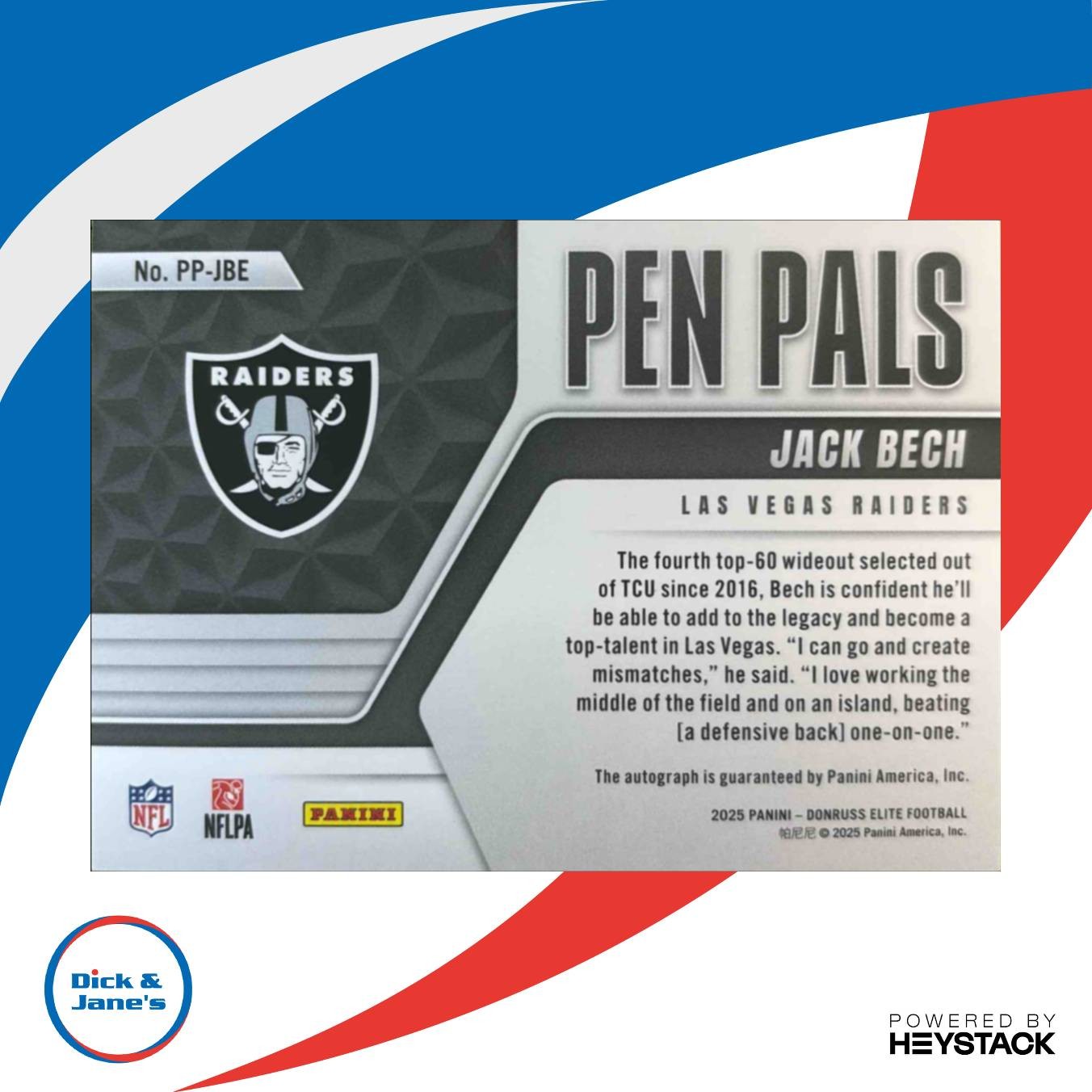 2025 Donruss Elite Jack Bech Pen Pals (Horizontal) PP-JBE Auto Las Vegas Raiders - Sports Cards