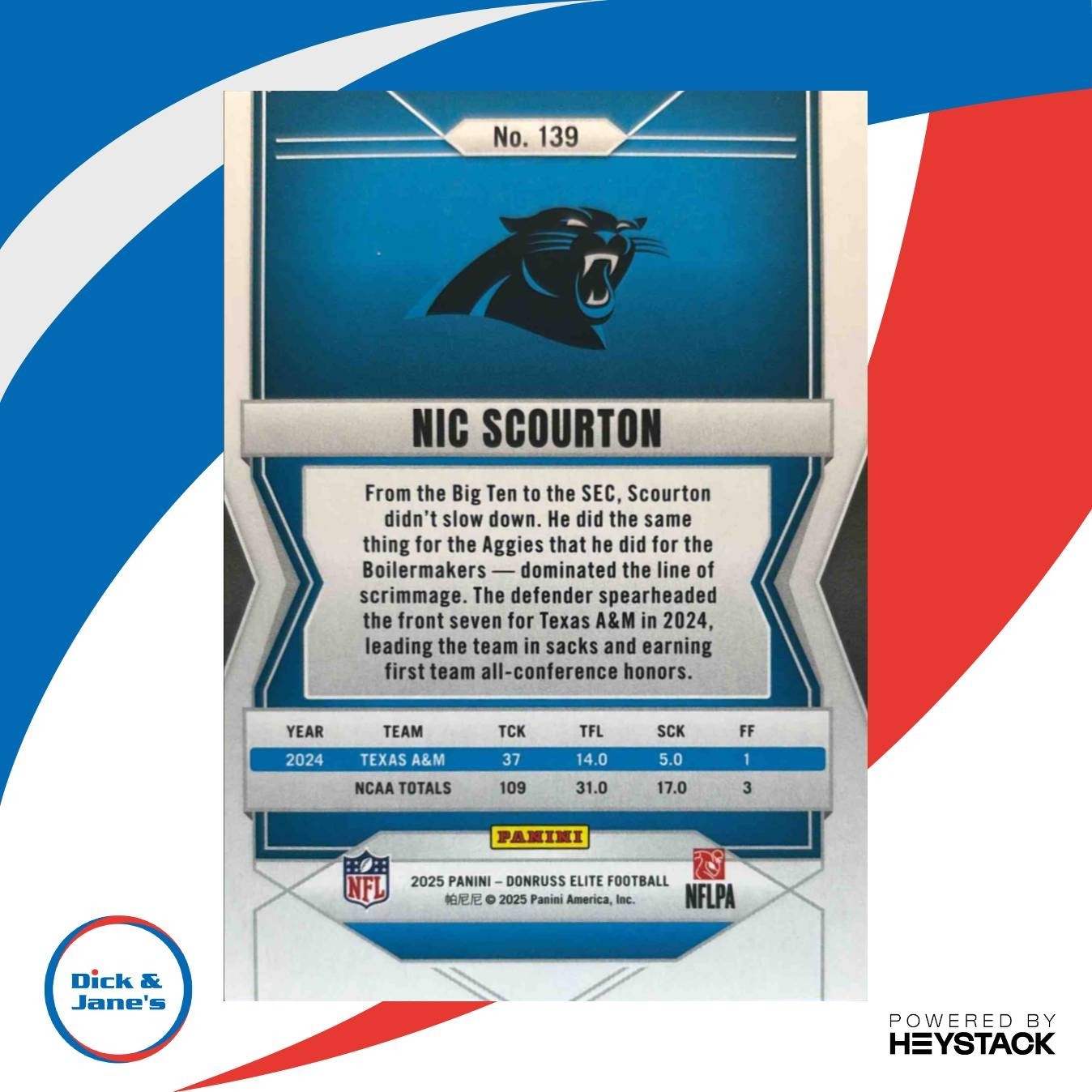 2025 Donruss Elite Nic Scourton Rookies Black 5/25 #139 RC Carolina Panthers - Sports Cards