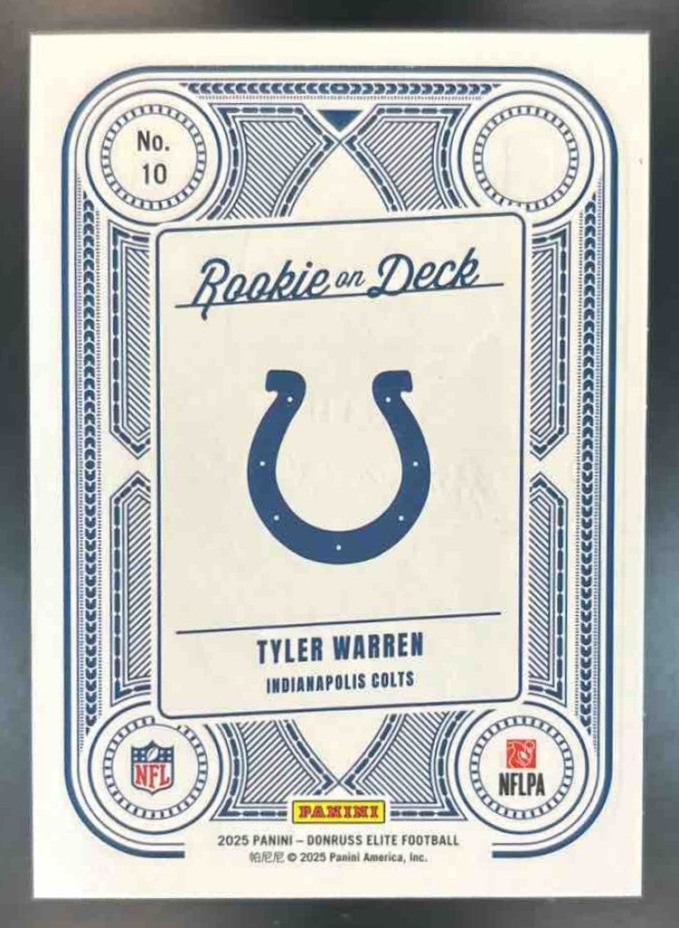 2025 Donruss Elite Tyler Warren Rookie On Deck Blue /75 #10 Indianapolis Colts - Sports Cards