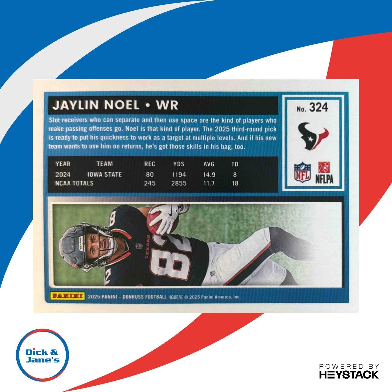 2025 Donruss Jaylin Noel Rated Rookie Press Proof Purple #324 RC Houston Texans - Sports Cards