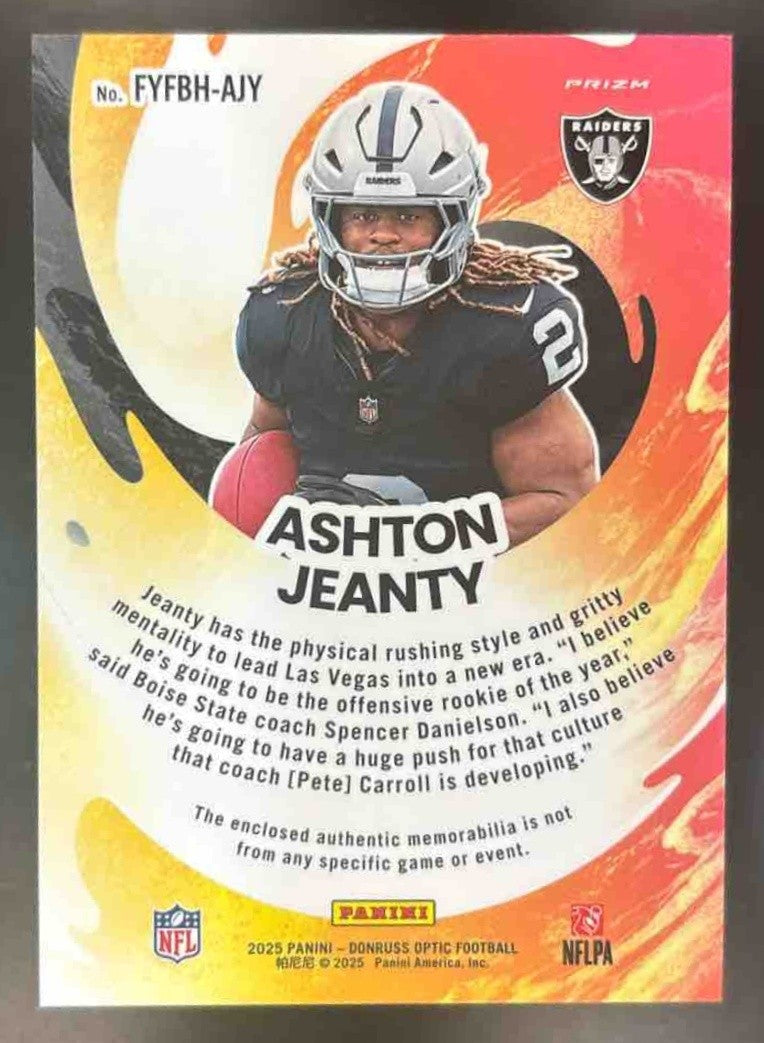 2025 Donruss Optic Ashton Jeanty First Year Fresh Blue Hyper MEM RC Raiders - Sports Cards