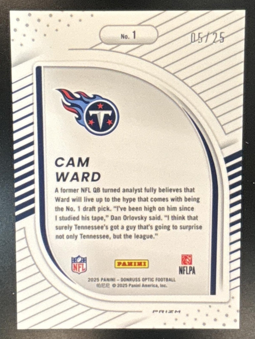 2025 Donruss Optic Cam Ward Hidden Potential Purple /25 #1 RC Tennessee Titans - Sports Cards