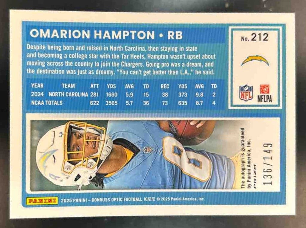 2025 Donruss Optic Omarion Hampton RPS Auto Blue /149 #212 Los Angeles Chargers - Sports Cards