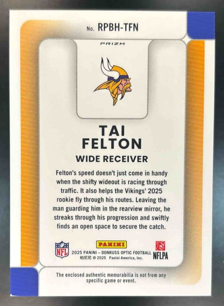 2025 Donruss Optic Tai Felton Rookie Phenoms Blue Hyper Prizm MEM RC Vikings - Sports Cards