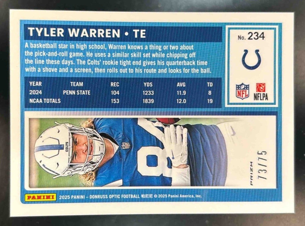 2025 Donruss Optic Tyler Warren Electricity Prizm /75 #234 Indianapolis Colts - Sports Cards