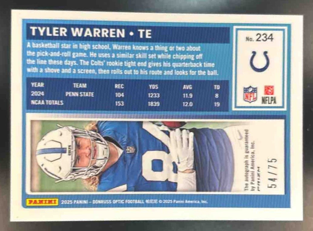 2025 Donruss Optic Tyler Warren RPS Auto Pink Velocity /75 Indianapolis Colts - Sports Cards